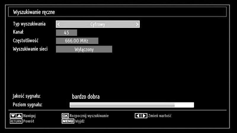 Strojenie manualne, analogowe dostrajanie Telewizor może być strojony ręcznie przy użyciu funkcji wyszukiwanie manualne.