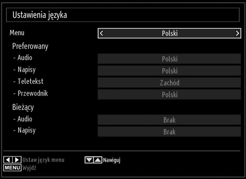 Wybór języka Ustawienia językowe Używając tego menu można dopasować ustawienia wybranego języka. Proszę nacisnąć przycisk MENU i wybrać ikonkę ustawień, używając przycisków w lewo lub w prawo.