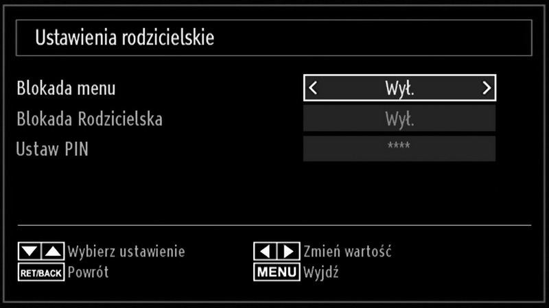 Ustawienia cyfrowe kontrola rodzicielska, blokada menu, ustawianie PINu Można wyświetlić lub ustawić opcje rodzicielskie Państwa telewizora.