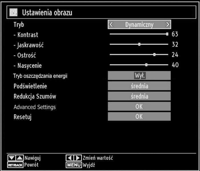 Konfigurowanie ustawień obrazu Można skonfi gurować ustawienia obrazu Państwa telewizora korzystając z menu Ustawienia obrazu.