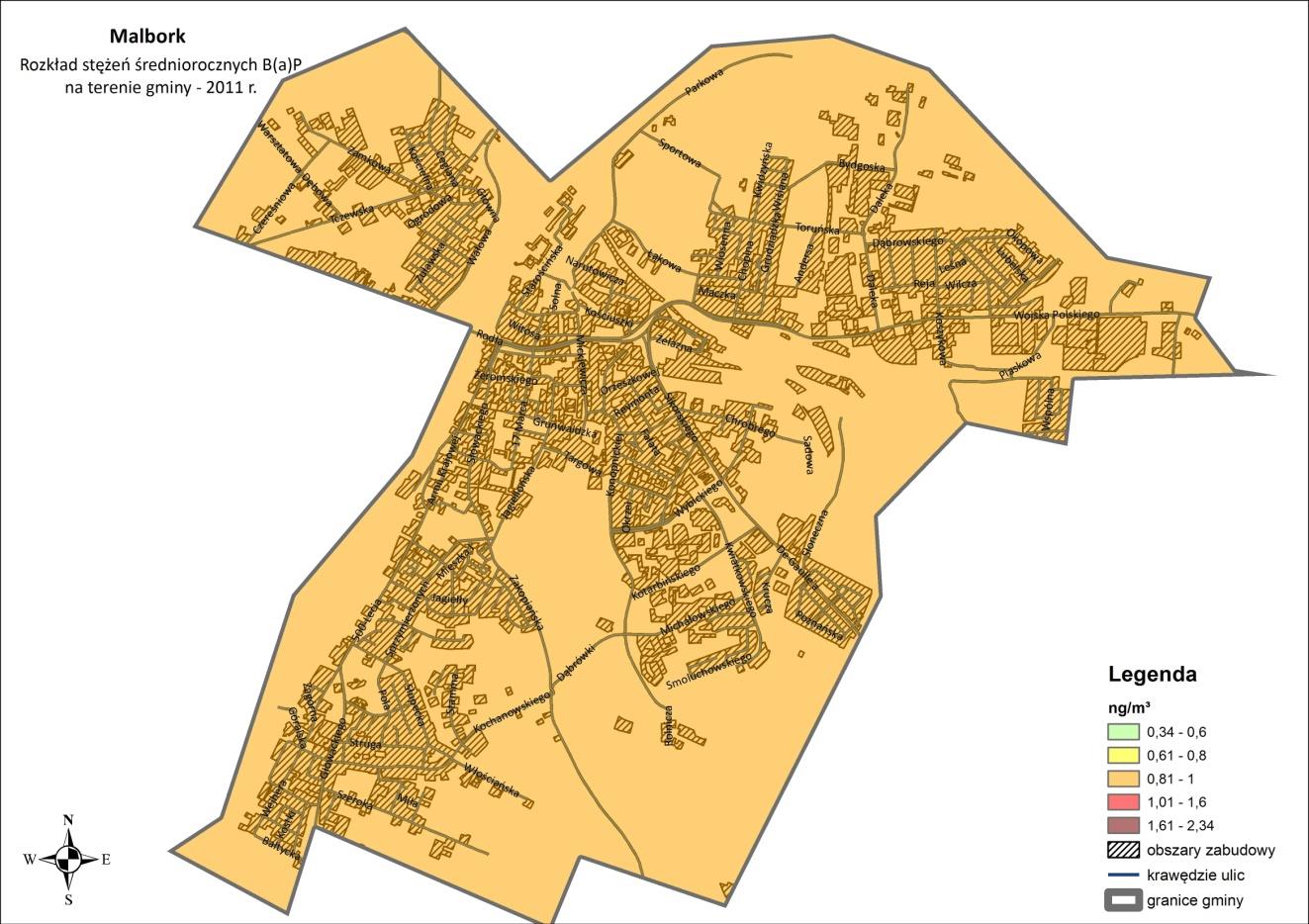 Rysunek 9 Rozkład stężeń średniorocznych benzo(a)pirenu na terenie Miasta Malborka w roku bazowym 2011 (źródło: opracowanie własne na podstawie POP dla strefy pomorskiej) Powierzchniowe źródła emisji