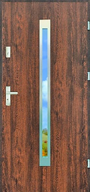 549 99 Drzwi zewnętrzne Zefir kolor: złoty dąb; wymiar montażowy: 860x050x50 mm i 960x50x50 mm; wyposażenie: skrzydło, ościeżnica, klamka, wizjer, komplet zamków i wkładek, próg stalowy nierdzewny;