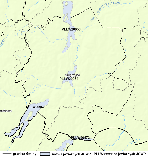Green Key Program Ochrony Środowiska dla Gminy Sulęczyno Ryc. 11. Położenie Gminy Sulęczyno na jeziornych jednolitych częściach wód powierzchniowych Źródło: opracowanie własne na podkładzie geoportal.