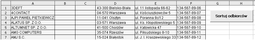 Rozdział 6. Faktura VAT 183 Po każdej aktualizacji arkusza (komórek) zawierającego dane odbiorców należy dokonać sortowania przez naciśnięcie znajdującego się w nim przycisku Sortuj towary.