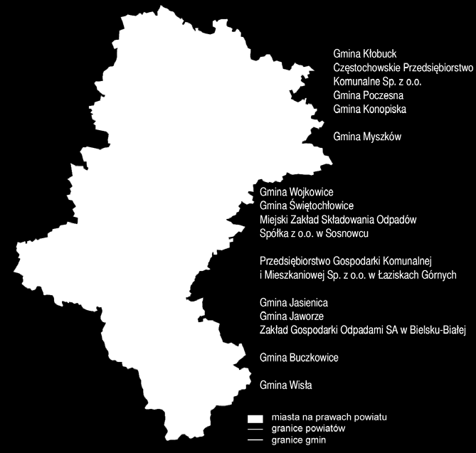 Lokalizacja projektów POIiŚ w województwie śląskim, dla których WFOŚiGW w Katowicach pełni rolę Instytucji Wdrażającej wnioskodawcy, którzy podpisali z WFOŚiGW w Katowicach umowę o dofinansowaniu w