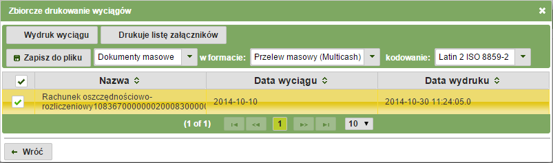 Rys. 40: Zbiorcze drukowanie wyciągów 3.3.1.4. Pliki wyciągów dla rachunków W celu przejrzenia zestawienia wybranego rachunku należy zaznaczyć rachunek, a następnie kliknąć przycisk.