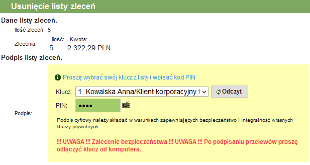 Rys. 52: Usuwanie listy zleceń 3.4.1.6. Storno przelewów oczekujących W celu dokonania strona (zatrzymania) polecenia przelewu należy wybrać przelew z listy, a następnie kliknąć przycisk.