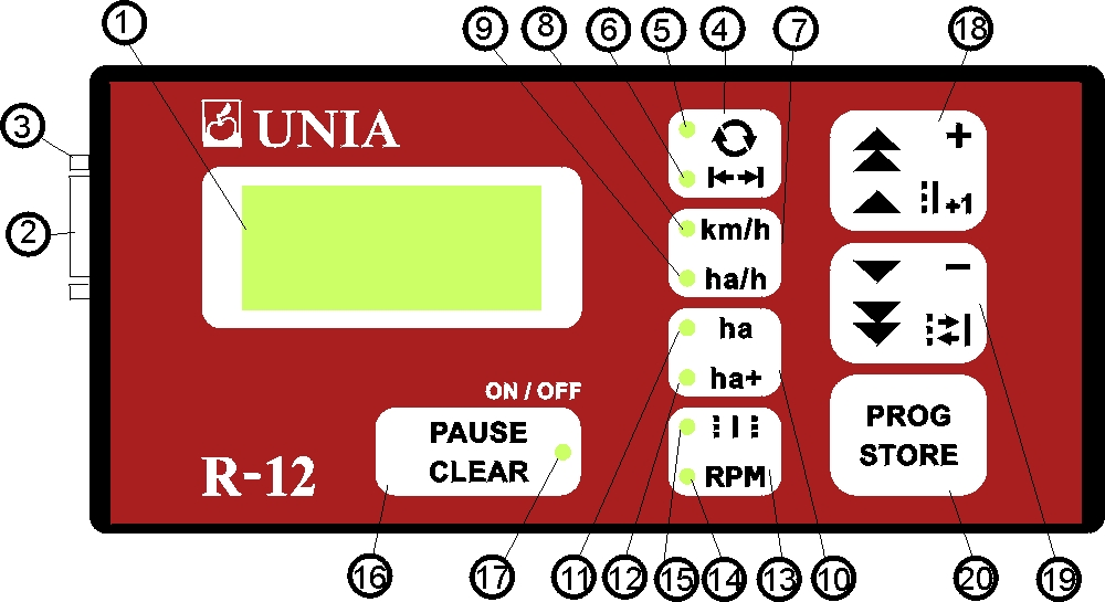 4. Opis funkcji komputera R-12 Na obudowie komputera R-12 można wyodrębnić następujące elementy: Rys.2 Wygląd pulpitu sterującego komputera R-12 1.