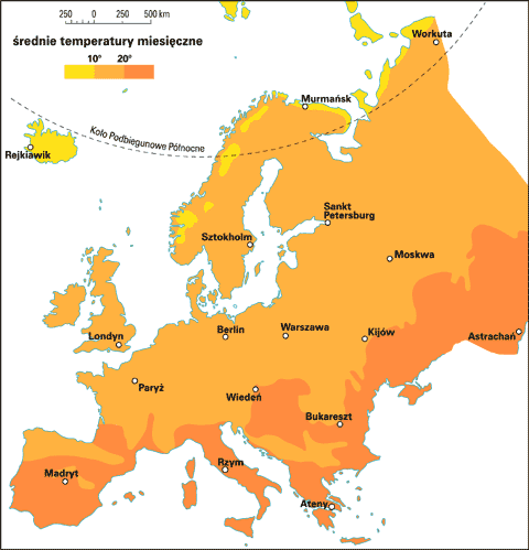 Średnie temperatury w różnych częściach Europy zimą i latem Zone I < -20 C Zone I 20 <