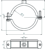 Obejma masywna FRSM z gwintem metrycznym Obejmy rurowe Gwint Rozmiar Zakres obejmy Szerokość B Wysokość H Szerokość x grubość taśmy Wysokość Z Śruba skręcająca Max zalecane obciążenie statyczne