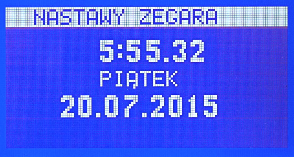 7.1 NASTAWY ZEGARA Widok ekranu Opis Ustawianie zegara. Kolejne naciskanie powoduje przejście do kolejnych pól edycji: godziny, minuty, dzień tygodnia, miesiąc i rok.