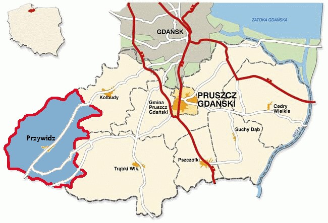 Rycina 1. Gmina Przywidz na tle powiatu gdańskiego. Pod względem fizycznogeograficznym gmina Przywidz położona jest w obszarze Pojezierza Kaszubskiego.