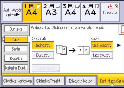 Kopiowanie łączone 1. Naciśnij przycisk [Dupl./Łącz./Seria]. 2. Naciśnij przycisk [Łącz]. 3. Wybierz opcję [Jednostr.] lub [Dwustr.] dla pozycji [Oryginał:]. 4. Naciśnij przycisk [Łącz dwustr.]. 5.