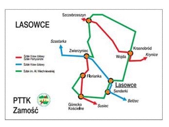 Tablica informacyjna Na szlaku mapę orientacyjną stanowią białe tablice informacyjne z kolorową, schematyczną siecią szlaków.