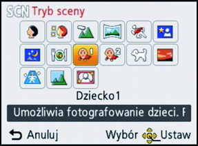 Tryb nagrywania: Nagrywanie Robienie zdjęć odpowiednich do danego otoczenia (Tryb scen) Po wybraniu trybu scen odpowiedniego do obiektu i warunków, aparat ustawia optymalną ekspozycję i odcień w celu