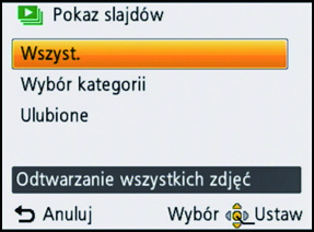 Odtwarzanie/Edycja [Pokaz slajdów] Można wyświetlać zrobione zdjęcia z podkładem muzycznym w sekwencji z ustawionym odstępem czasowym pomiędzy poszczególnymi zdjęciami.