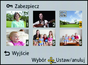 Odtwarzanie/Edycja [Zabezpiecz] Można ustawić zabezpieczenie zdjęć przed przypadkowym skasowaniem. Wybierz [Zabezpiecz] w menu [Odtwarz.]. (P37) Za pomocą przycisku 3/4 wybierz [POJED.