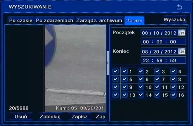 NDR-BA3208 i NDR-BA3416 Instrukcja obsługi wer.1.0 MENU REJESTRATORA Zakładka OBRAZY umożliwia wyświetlenie obrazów zarejestrowanych w przypadku wystąpienia zdarzeń alarmowych.