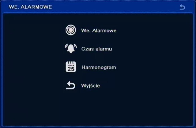 NDR-BA3208 i NDR-BA3416 Instrukcja obsługi wer.1.0 KONFIGURACJA REJESTRATORA 5.1.5. Zdarzenia alarmowe Po wybraniu z menu USTAWIENIA pozycji ZDARZENIA ALARMOWE pojawi się poniższy ekran.