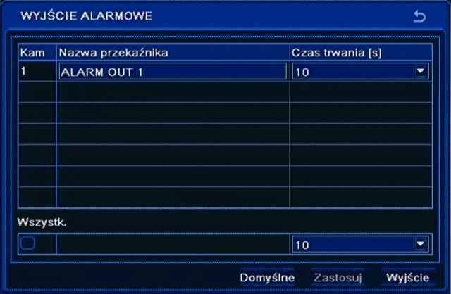 NDR-BA3208 i NDR-BA3416 Instrukcja obsługi wer.1.0 KONFIGURACJA REJESTRATORA 5.1.5.5. Wyjście alarmowe Po wybraniu z menu ALARM pozycji WYJŚCIE ALARMOWE pojawi się poniższy ekran.