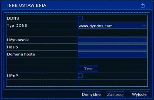 NDR-BA3208 i NDR-BA3416 Instrukcja obsługi wer.1.0 KONFIGURACJA REJESTRATORA 5.1.6.5. Inne ustawienia Po wybraniu z menu SIEĆ pozycji INNE USTAWIENIA pojawi się poniższy ekran.