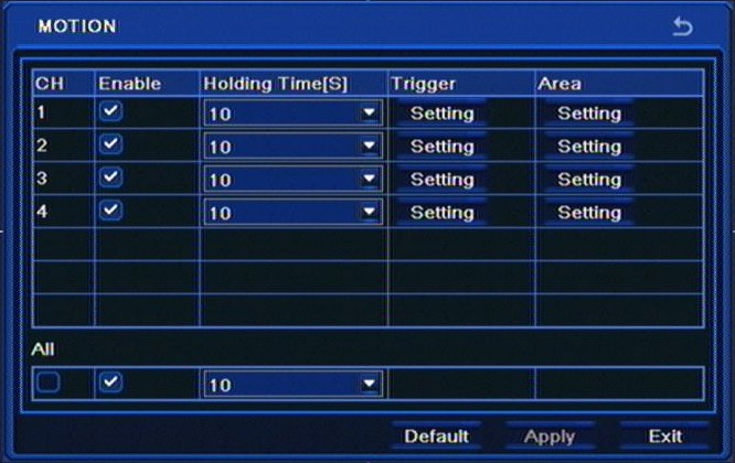 RECORDER S CONFIGURATION NDR-BA3208,NDR-BA3416 User s manual ver.1.0 5.1.5.2. Motion Selecting MOTION from the ALARM menu displays the following screen: MOTION menu contains 3 items: MOTION, SCHEDULE, EXIT 5.