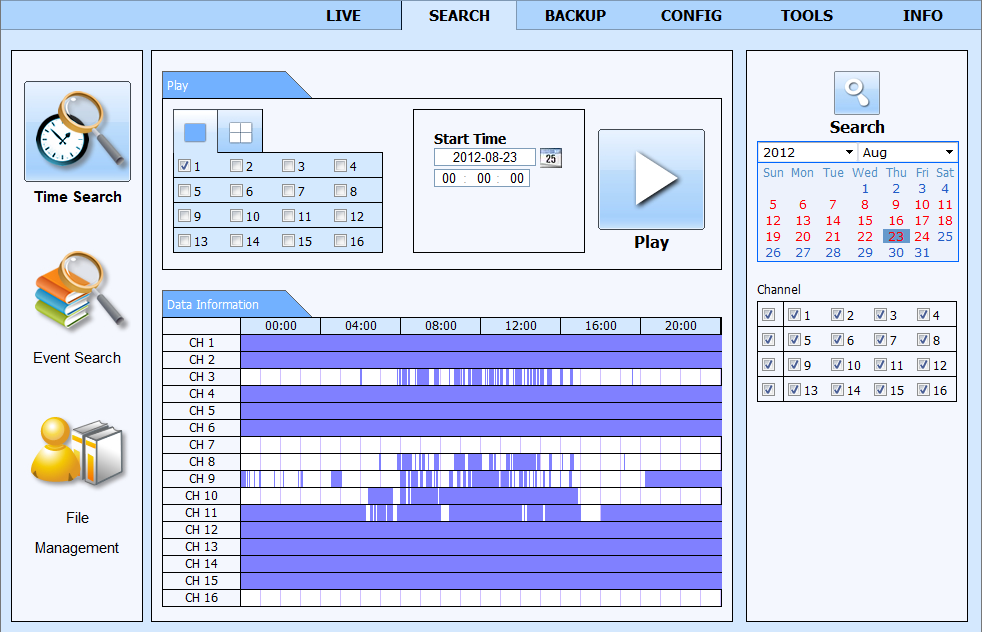 NDR-BA3208,NDR-BA3416 User s manual ver.1.0 NETWORK OPERATIONS UTILIZING WEB BROWSER 6.4. Searching records Click SEARCH tab on the window top to open the remote search and playback screen for the DVR.