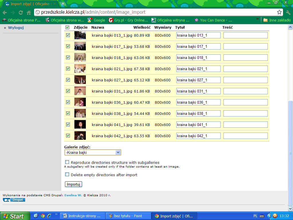 Rysunek 60 określenie, do jakiej galerii mają być zamieszczone zdjęcia, po określeniu tego miejsca importujemy nasze zdjęcia wybierając opcję Importuj Następnie importujemy zdjęcia do