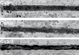 przeprowadzono na mikroskopie Olympus CK40M przy powiększeniach 100 i 500x. na rysunkach 8 i 9 pokazano przykładowe makro- i mikrostruktury złączy lutospawanych spoiwami CuAl8 i CuSi3.