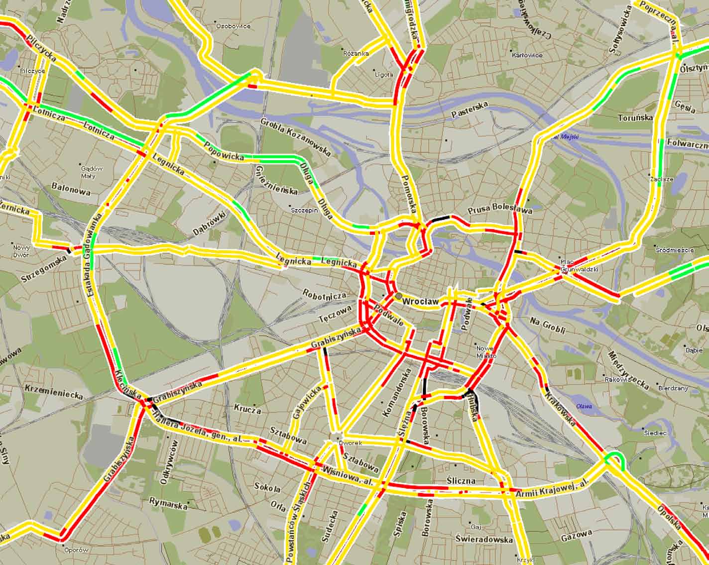 Wrocław: średnie prędkości przejazdu w szczycie porannym poniżej 10 km/h 10-20 km/h 20-45 k/mh powyżej 45 km/h 2011 Indigo Sp. z o.o. & Aqurat Sp.