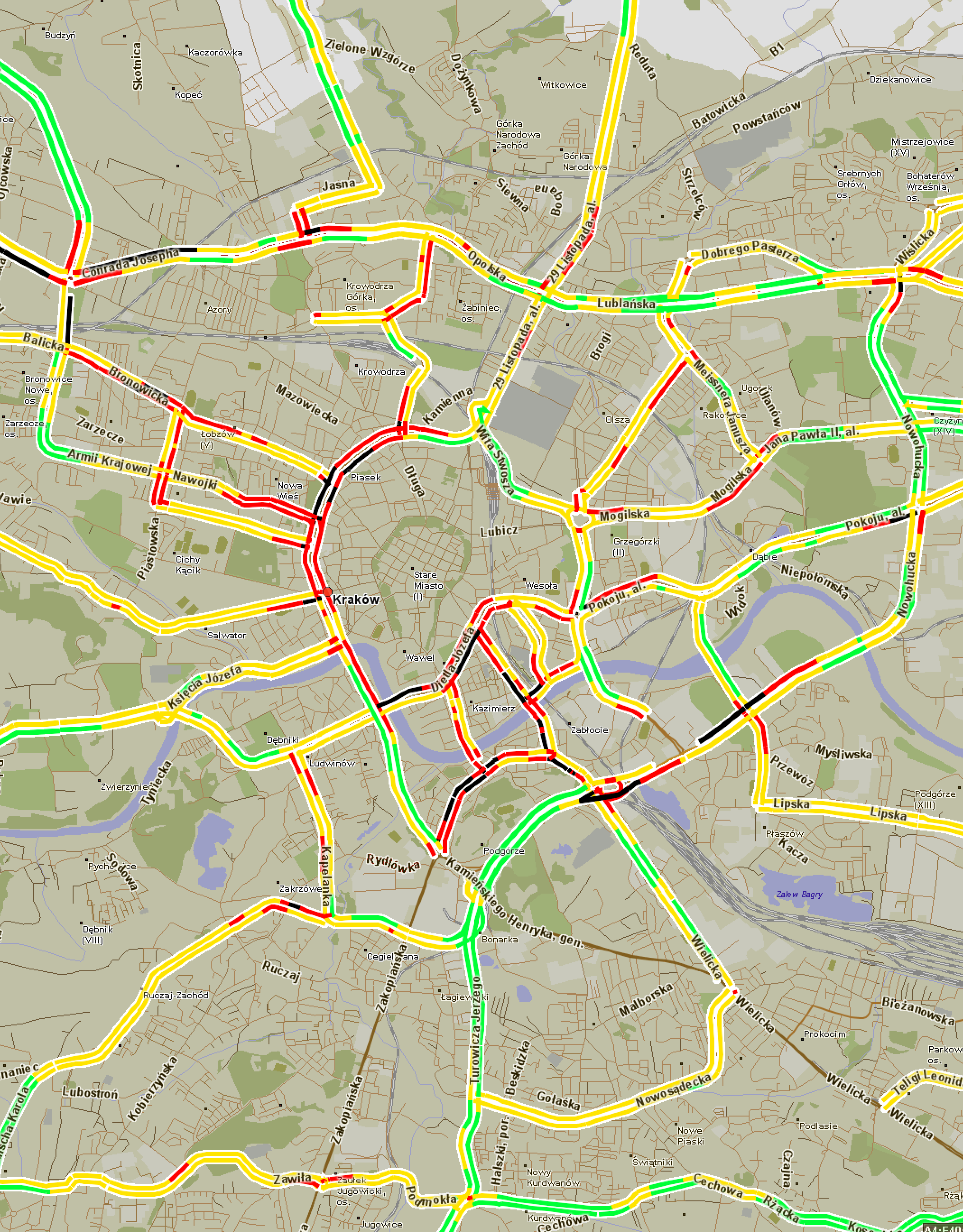 Kraków: średnie prędkości przejazdu w szczycie popołudniowym poniżej 10 km/h 10-20 km/h 20-45 k/mh powyżej 45 km/h 2011 Indigo Sp. z o.o. & Aqurat Sp.