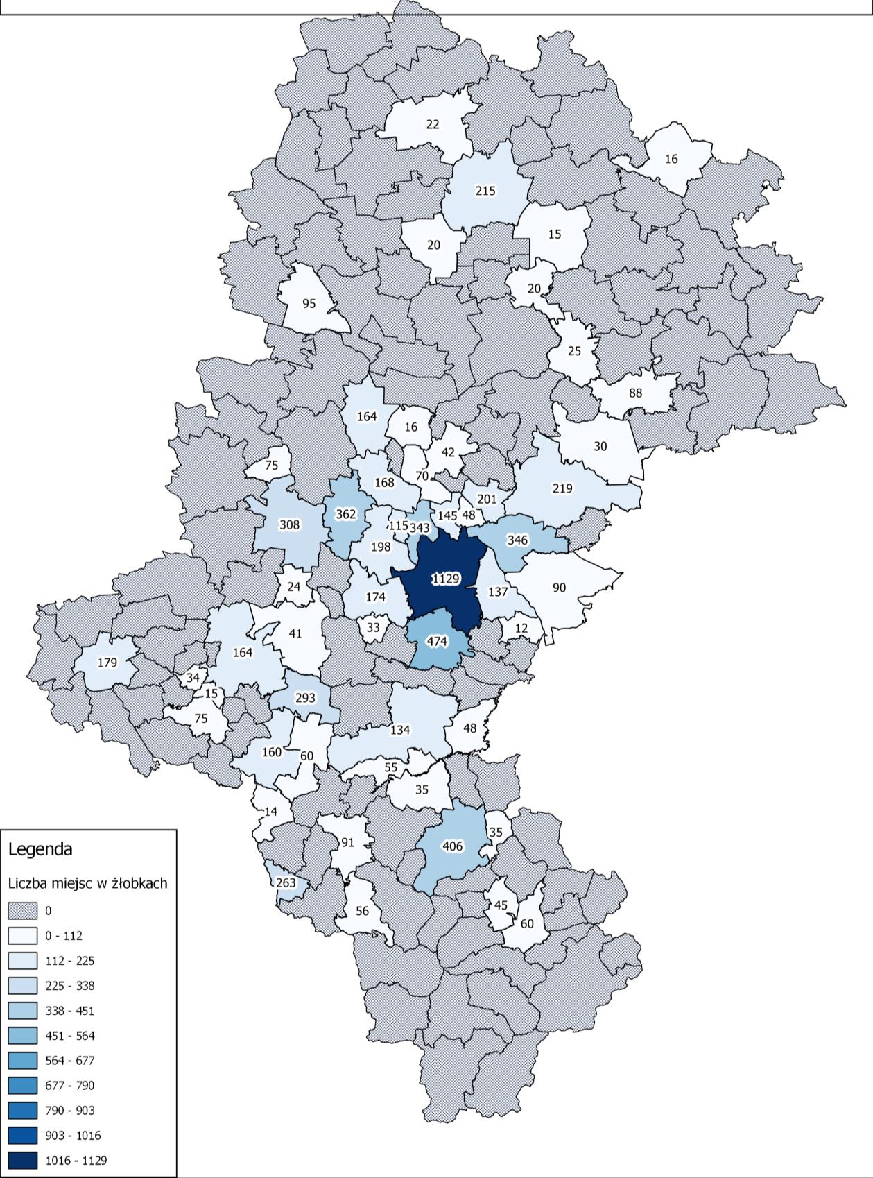 Mapa 1 Liczba miejsc w placówkach opieki nad dziećmi do lat 3 w gminach województwa