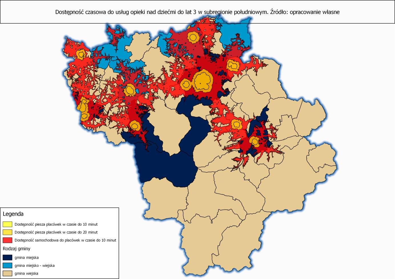 Mapa 5 Dostępność czasowa do usług opieki nad dziećmi do lat 3 w Subregionie Południowym. Źródło: opracowanie własne na podstawie modelu opracowanego przez Regionalne Centrum Analiz Strategicznych.