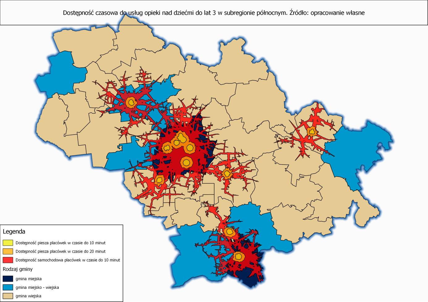 Mapa 6 Dostępność czasowa do usług opieki nad dziećmi do lat 3 w Subregionie Północnym. Źródło: opracowanie własne na podstawie modelu opracowanego przez Regionalne Centrum Analiz Strategicznych.