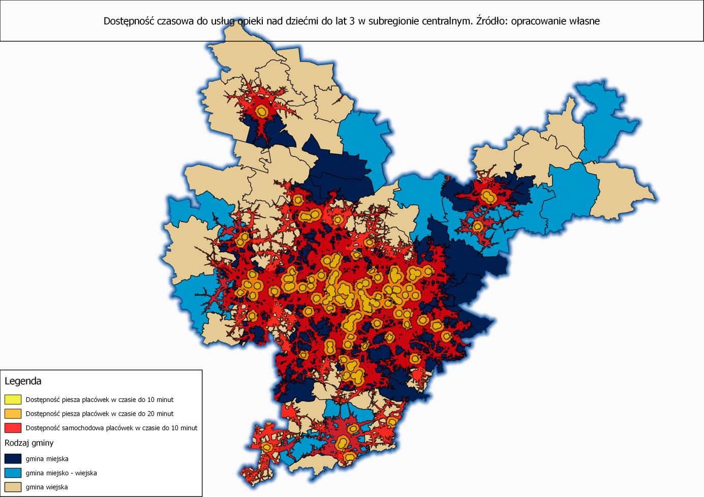 Mapa 8 Dostępność czasowa do usług opieki nad dziećmi do lat 3 w Subregionie Centralnym. Źródło: opracowanie własne na podstawie modelu opracowanego przez Regionalne Centrum Analiz Strategicznych.