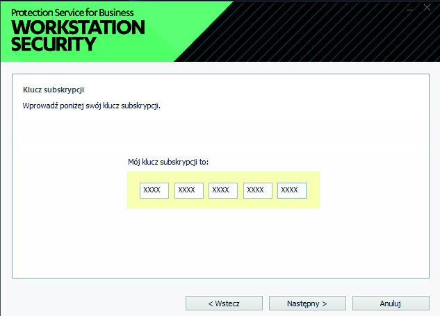 Użytkownik akceptuje warunki licencji W następnym oknie wprowadzony będzie klucz subskrypcji, dzięki której wygenerowana została paczka instalacyjna.