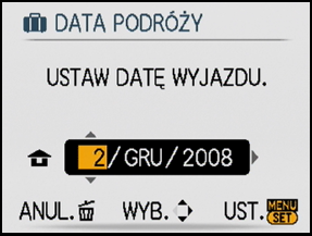 Liczbę dni od daty wyjazdu można wyświetlać podczas wyświetlania zdjęć oraz nakładać na zapisywane zdjęcia przy użyciu funkcji [WPIS. TEKSTU] (P101).