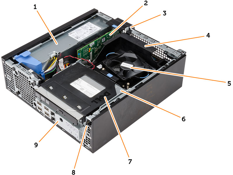 8. złącze kabla zasilania 9. złącze klawiatury 10. złącze USB 2.0 11. złącze portu wyświetlacza 12. złącze USB 3.0 13. złącze VGA 14. złącze wejścia liniowego/mikrofonu 15. gniazda kart rozszerzeń 16.