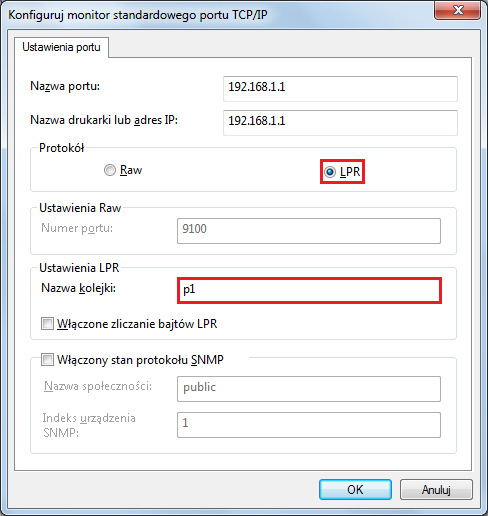 W części Protokół wybierz LPR, następnie wpisz p1 (cyfra 1) w