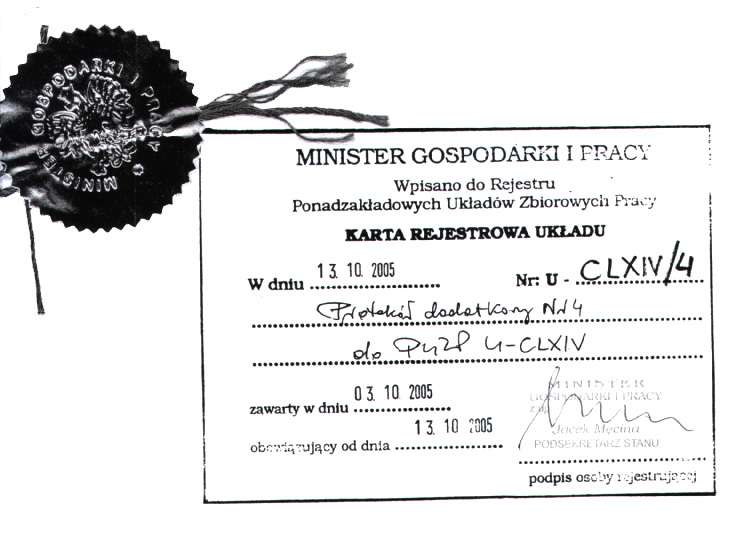 PROTOKÓŁ DODATKOWY NR 4 DO PONADZAKŁADOWEGO UKŁADU ZBIOROWEGO PRACY DLA PRACOWNIKÓW ZAPLECZA ENERGETYKI Z DNIA 6 MAJA 2004 R.