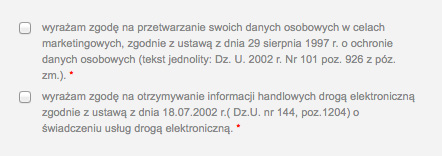 Często spotykaną praktyką jest łączenie dwóch wspomnianych typów zgód (na otrzymywanie informacji handlowych oraz na przetwarzanie danych) w jedną wspólną deklarację, co powinno być jednak