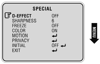 7.8 Menu główne SPECIAL (Specjalne) Naciśnij przycisk MENU, aby przejść do podmenu. 1. D-EFFECT (Efekt cyfrowy) Można wybrać opcję OFF (Wył.), V-FLIP (W pionie),.