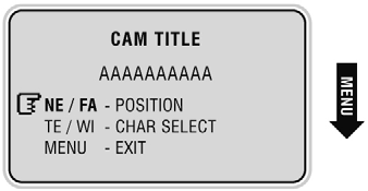 CAM TITLE (Nazwa kamery) Użytkownik może edytować objaśnienie lub stan. kamery, co zostanie wyświetlone w lewej dolnej. części ekranu. 1. Z dostępnej tabeli symboli można wybrać do. 84 symboli. 2.