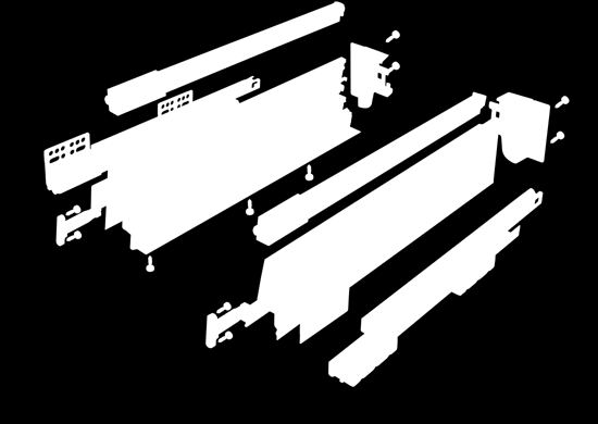 Skład zestawu: bok szuflady l = od 350 do 550 mm reling wzdłużny l = od 350 do 550 mm mocowanie ścianki tylnej niskie / srednie / wysokie szare / białe mocowanie frontu + wkręty prowadnica l = od 350