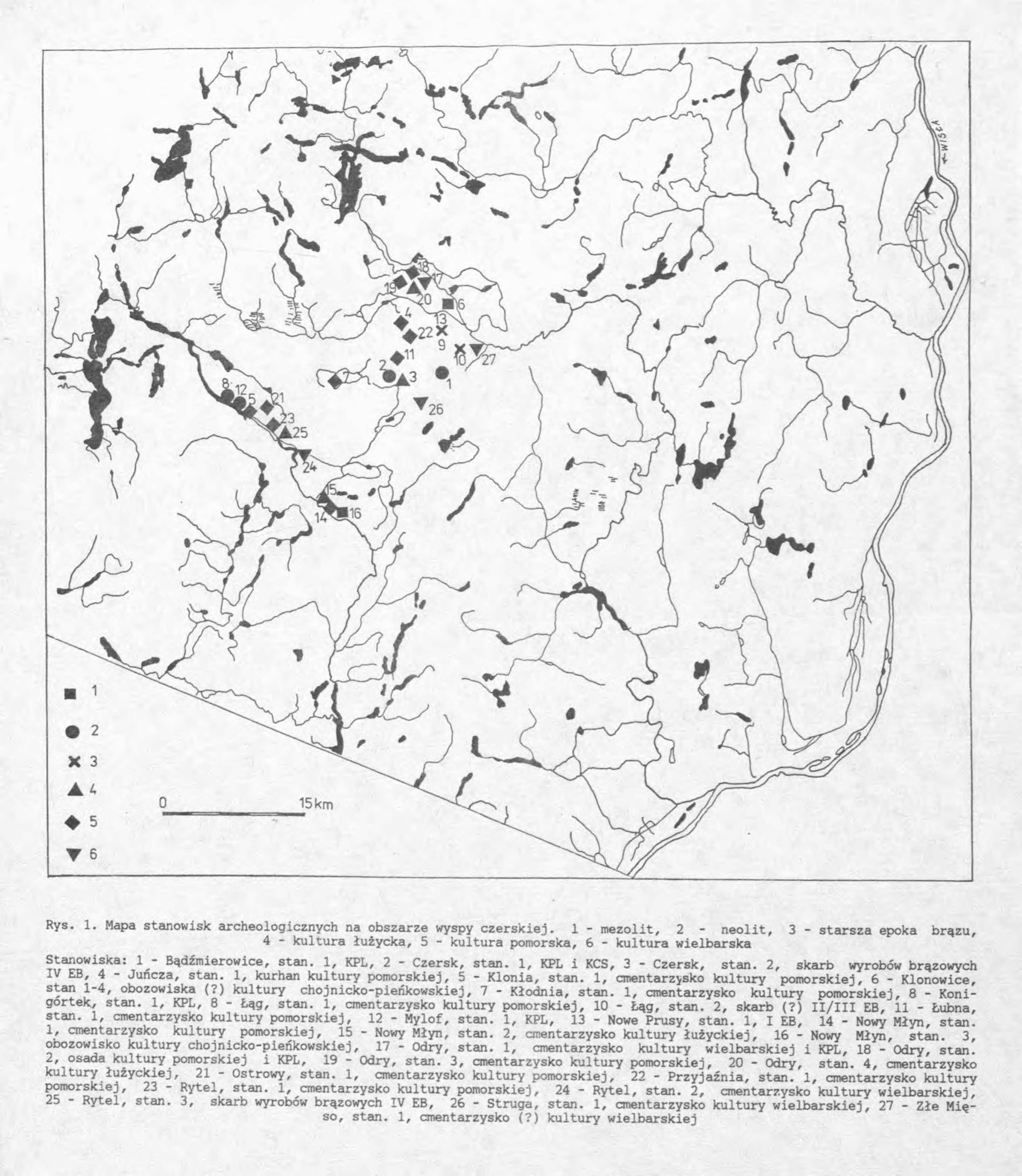 Rys. 1. Mapa stanowisk archeologicznych na obszarze wyspy czerskiej.