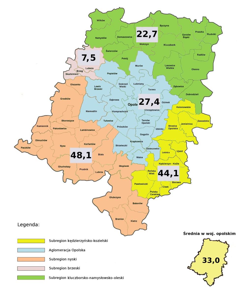 liczby miejsc opieki całodobowej przypadające na 1000 osób w wieku pow.