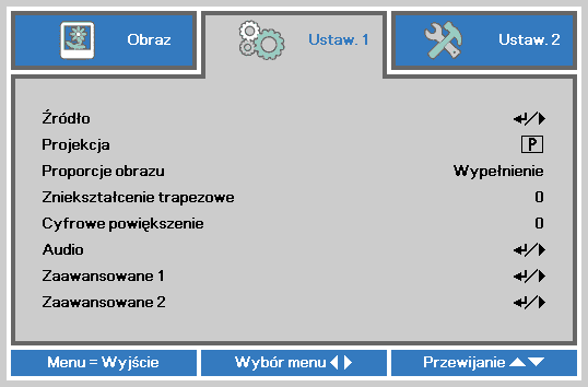 Projektor DLP Instrukcja obsługi Menu Ustaw. 1 Naciśnij przycisk MENU, aby otworzyć menu OSD. Naciśnij przycisk kursora w celu przejścia do menu Ustaw. 1. Naciśnij przycisk kursora w celu przejścia w górę lub w dół w menu Ustaw 1.