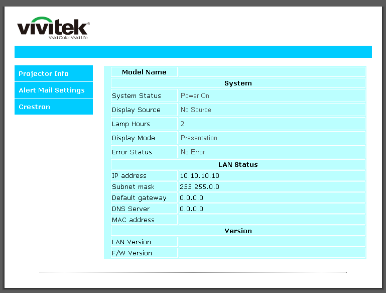 7. Naciśnij przycisk MENU na projektorze. 8. Wybierz Ustaw. 2 Zaawans. 1 Sieć 9. Po przejściu do Sieć, wprowadź następujące informacje: DHCP: Wył. Adres IP: 10.10.10.10 Maska podsieci: 255.255.255.0 Brama: 0.