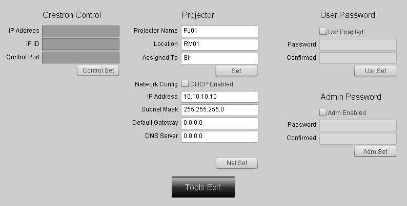 KATEGORIA Sterowanie Crestron Projektor Konfiguacja sieci Hasło użytkownika Hasło administratora ELEMENT Adres IP 15 ID IP 3 Port 5 Nazwa projektora 10 Lokalizacja 10 Przydzielony do 10 DHCP