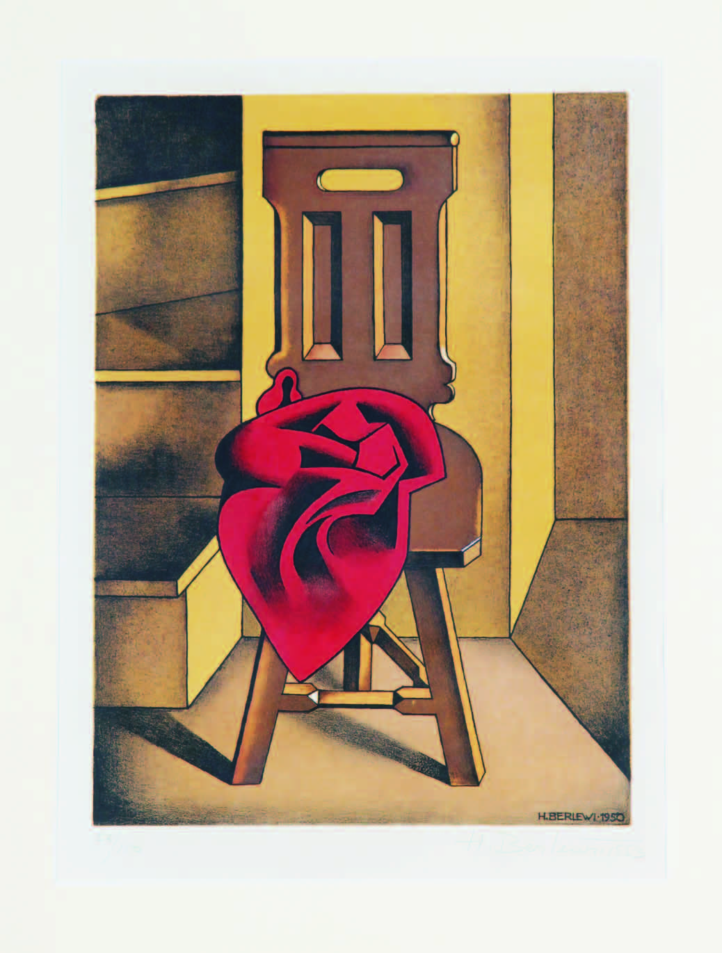 37. Henryk Berlewi (1894-1967) Krzesło z czerwoną tkaniną 1950 litografia barwna/papier 57 x 45 cm sygn. i dat. na płycie p. d.: H.